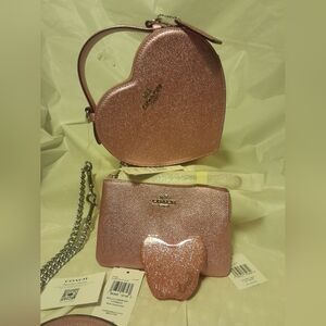 Coach Heart Shape Cossbody/Handbag & Coach Compact Mirror/Matching Wristlet NWT